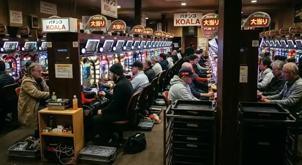 A host teaching a first-time player at a machine