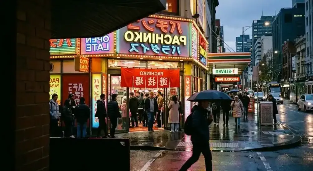 Rows of glowing pachinko machines on the main floor